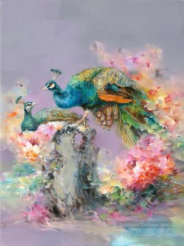 Animaux œuvres - Paon en fleurs floral branches oiseaux